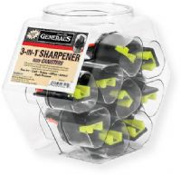 General's S-6491C 3 in 1 Sharpener Display; 3 sharpeners in 1 with specially designed stainless steel blades; One side for colored pencils; One small hole for graphite or charcoal; One large hole for large diameter pencils; For multi purpose use; UPC 044974064910 (S-6491C S6491C GENERALS-6491C GENERALS6491C SHARPENERS-6491C SHARPENERS6491C) 