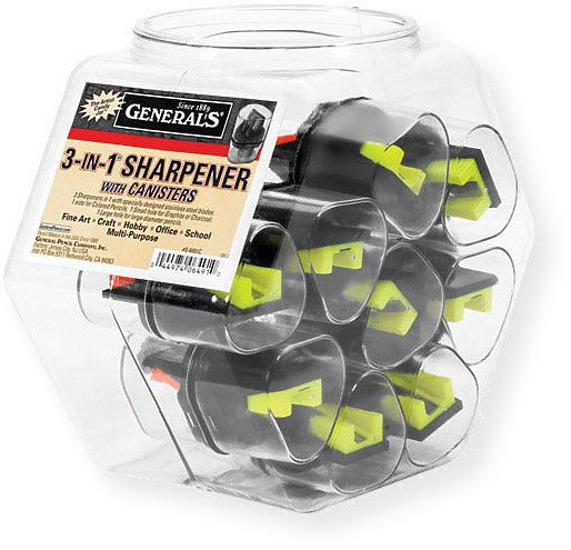 General's S-6491C 3 in 1 Sharpener Display; 3 sharpeners in 1 with specially designed stainless steel blades; One side for colored pencils; One small hole for graphite or charcoal; One large hole for large diameter pencils; For multi purpose use; UPC 044974064910 (S-6491C S6491C GENERALS-6491C GENERALS6491C SHARPENERS-6491C SHARPENERS6491C)