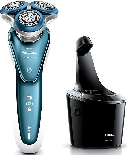 Norelco S7370/84 Wet & Dry Electric Shaver with SmartClean System, White/Tesla Ocean Blue, Comfort rings reduce friction for smooth skin, Heads flex in 5 directions for more comfort and less effort, Gently guides the hairs for a close, skin friendly shave, Ergonomic grip & handling, Dual-blades gently lift hair to cut even closer, UPC 075020048486 (S737084 S7370-84 S7370 84)