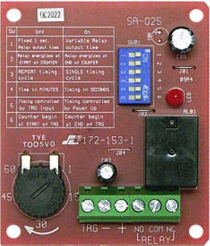 Seco-Larm SA-025Q ENFORCER Multi-Purpose Programmable Timer; Timer can be set from 1 second to 60 minutes; Trigger by positive voltage (+DC), closure of dry contact, or opening of dry contact; Relay programmable to activate at the start or at the end of the timing cycle; Built-in reset function to manually reset timing cycle; UPC 676544002239 (SA025Q SA 025Q) 