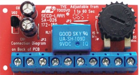 Seco Larm SA-026Q Low Voltage Miniature Delay Time Module, Adjustable timer from 1 to 180 seconds via a pot on board, Relay output-  Form-C SPDT via wires, Contact rating: 3A at 24VDC With built-in buzzer output 150mA at 24VDC , Includes double-sided foam tape, Small size 30x55x16 mm, UPC 676544002253 (SA026Q SA-026Q SA 026Q)