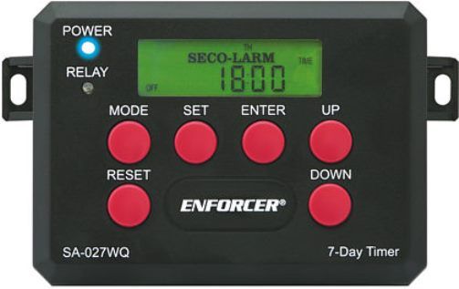 Seco-Larm SA-027WQ ENFORCER 7-Day Timer Module; 12~24 VDC/VAC Operation; Enclosed terminals for a safer installation; Adjustable output time; Programmable security code lock out; 12 or 24-Hour clock format; 16 Schedules including daily, weekly, weekends, etc.; Program up to 60 flexible events; Memory saved if power fails; UPC 676544012184 (SA027WQ SA 027WQ SA-027W SA-027) 