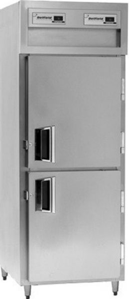 Delfield SADBR1-SH Solid Half Door Dual Temperature Reach In Refrigerator / Freezer, 12 Amps, 60 Hertz, 1 Phase, 115 Volts, Doors Access, 21.62 cu. ft. Capacity, 10.81 cu. ft Capacity - Freezer, 10.81 cu. ft. Capacity - Refrigerator, Top Mounted Compressor Location, Stainless Steel and Aluminum Construction, Swing Door Style, Solid Door, 2 Number of Doors, 4 Number of Shelves, 25