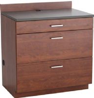 Safco 1703MH Three-Drawer Hospitality Base Cabinet, 3 drawers - 1 small, 2 large, 100 lbs drawer weight capacity, 3" high backsplash.2mm PVC edgeband, ¾" thermal fused melamine laminate body and drawers, 60 lbs. Capacity - Drawer, 32.25"W x 19"D x 3.25"H Top Drawer; 1/4"W x 19"D x 7.25"H Larger Drawers Compartment Size, Contemporary brushed nickel pull handles, UPC 073555170337, Mahogany Finish (1703MH 1703-MH 1703 MH SAFCO1703MH SAFCO-1703-MH SAFCO 1703 MH) 