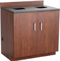 Safco 1704MH Hospitality Waste Receptacle Base Cabinet, Two waste management ports, Two-door cabinet, ¾" thermal fused melamine laminate body, 3" high backsplash, 1" high-pressure laminate countertop, 2mm PVC edgeband, 34.25"W x 22.50" D x 29.50" H - Inside Cabinet Dimensions Compartment Size, Flexible grommets, Open internal storage, Soft self-closing mechanism, Mahogany Finish, UPC 073555170436 (1704MH 1704-MH 1704 MH SAFCO1704MH SAFCO-1704-MH SAFCO 1704 MH) 