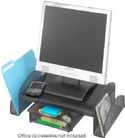 Safco 2159BL Onyx™ Mesh Monitor Stand, Raises monitor 4" for more comfort, Two side compartments, Pull-out drawer, 19.25"W x 11.25"D x 6.25"H, UPC 073555215922 (2159-BL 2159 BL 2159BL SAFCO2159BL SAFCO 2159BL SAFCO-2159BL) 