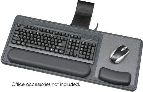 Safco 2196 Ergo-Comfort Sit/Stand Articulating Keyboard/Mouse Arm, Lift and release to adjust height - no knobs or levers, Extends and retracts smoothly on a 21'' glide track, Easy access adjustment knob for a +/- 15 degree tilt range, Full 360 degrees of rotation, Meets BIFMA standards, Includes mounting hardware, 27.875