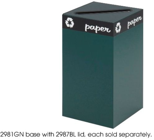 Safco 2981GN Public Square Recycling Receptacle, 25 gal Capacity, Square Shape, Steel Material, 2