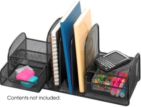 Safco 3263BL Onyx Three Upright Sections/Two Baskets, 3 vertical sections, Fits file folders or binders, Store small items in 2 slide-out baskets for easy access, Side shelves are designed for small electronics and accessories, 17