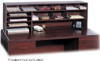 Safco 3651MH High Capacity Desk Top Organizer, Three 11 x 16 trays hold literature or printoutsmount left or right, 6.50" under-shelf clearance, Organizer can be used with or without the 5/8" wood top, Furniture grade woodgrain melamine, Solid wood laminate back, Power cord cutouts, Maximize and customize storage with two shelves and eight adjustable dividers, Mahogany Finish, UPC 073555365122 (3651MH 3651-MH 3651 MH SAFCO3651MH SAFCO-3651MH SAFCO 3651MH) 