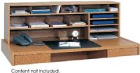 Safco 3651MO High Capacity Desk Top Organizer, Three 11 x 16 trays hold literature or printoutsmount left or right, 6.50" under-shelf clearance, Organizer can be used with or without the 5/8" wood top, Furniture grade woodgrain melamine, Solid wood laminate back, Power cord cutouts, Maximize and customize storage with two shelves and eight adjustable dividers, Medium Oak Finish, UPC 073555365108 (3651MO 3651-MO 3651 MO SAFCO3651MO SAFCO-3651MO SAFCO 3651MO) 