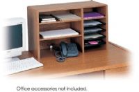 Safco 3692MO Compact Desk Top Organizer, Furniture-grade compressed wood cabinetry with durable and attractive melamine finish, 17" W x 11.50" D Shelves, Two lower shelf is adjustable, Finished back, Fixed letter-size shelf, three plastic slide-out trays, 29" W x 12" D x 18" H Overall Dimensions, Medium Oak Color,  UPC 073555369205 (3692MO 3692-MO 3692 MO SAFCO3692MO SAFCO-3692MO SAFCO 3692MO) 