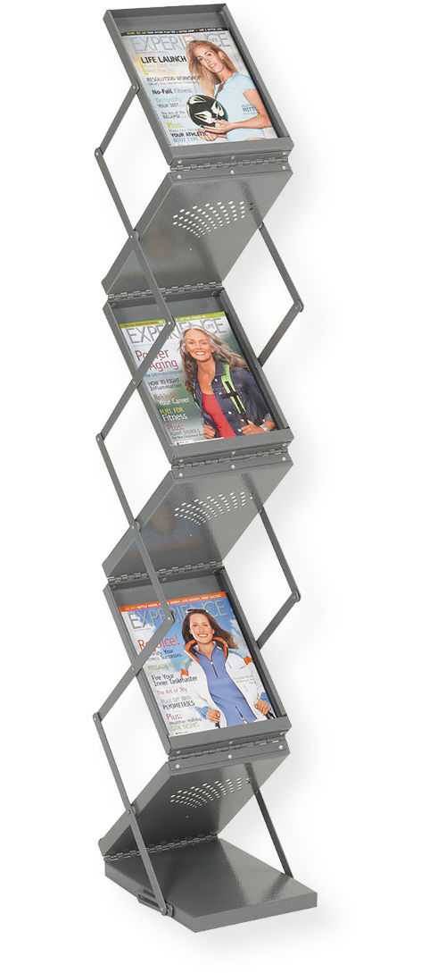 Safco 4132GR Ready-Set-Go! Double Sided Folding Literature Display, 6 Number of Pockets, Metallic Gray Color, Free Standing Style, Double sided display features six pockets, Easily folds after use, Constructed of durable, heavy-gauge steel, 10