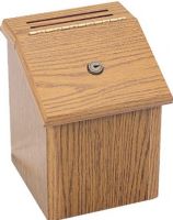 Safco 4230MO Wood Locking Suggestion Box, 9.75" H x 7.75" W x 7.5" D Overall, 5.375'' W x 0.25'' D Slot dimensions, 0.75'' Wood particleboard construction, 6.375 - 8.5'' H x 5.375'' W x 5.125'' D front to back of box Inside dimensions, Wood locking suggestion box, Lockable - Includes two keys, Medium oak Finish, UPC 073555423020 (4230MO 4230-MO 4230 MO SAFCO4230MO SAFCO-4230MO SAFCO 4230MO) 