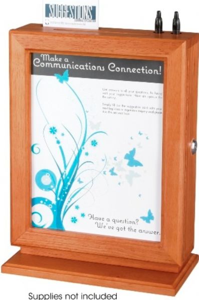 Safco 4236CY Customizable Suggestion Box, 8.5'' x 11'' Glass panel, Letter Media Size Supported, Key Lock Closure Type, Perfect for collecting suggestions in any office setting, Easily customize or change your message, Top has a space for suggestion cards and two writing utensils, 10.50
