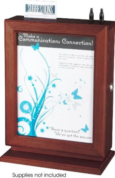 Safco 4236MH Customizable Suggestion Box, 8.5'' x 11'' Glass panel, Letter Media Size Supported, Key Lock Closure Type, Perfect for collecting suggestions in any office setting, Easily customize or change your message, Top has a space for suggestion cards and two writing utensils, 10.50