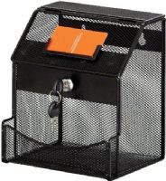 Safco 4238BL Onyx Mesh Collection Box, Locking lid, Top slot, Front compartment, Easily mounts on walls, Steel mesh construction, Durable powder coat finish, Black Finish, UPC 073555423822 (4238BL 4238-BL 4238 BL SAFCO4238BL SAFCO-4238-BL SAFCO 4238 BL) 