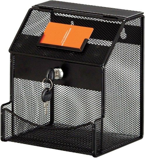 Safco 4238BL Onyx Mesh Collection Box, Locking lid, Top slot, Front compartment, Easily mounts on walls, Steel mesh construction, Durable powder coat finish, Black Finish, UPC 073555423822 (4238BL 4238-BL 4238 BL SAFCO4238BL SAFCO-4238-BL SAFCO 4238 BL)
