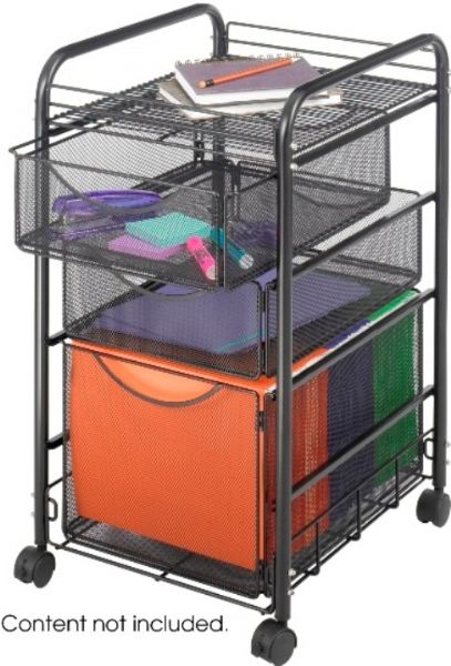 Safco 5213BL Onyx Mesh File Cart with 1 File Drawer and 2 Small Drawers, 4 Swivel casters, 2 locking for mobility, 13.63