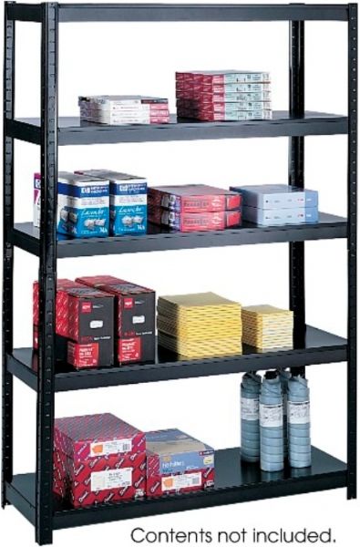 Safco 5246BL Wide Boltless Shelving, 2 set-ups as a 5-shelf high storage unit or as a high workbench, 800 lbs Shelf capacity, 1,500 lbs Capacity, Unique construction requires no nuts or bolts, 48.50