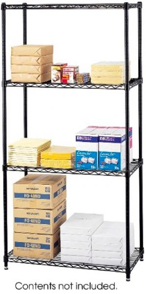 Safco 5276BL Commercial Wire Shelving, Includes four shelves, Strong steel posts with open wire shelves helps to reduce dust accumulation, Adjustable leveling feet with plastic caps to protect floors, Durable Black powder coat finish resists wear, 36