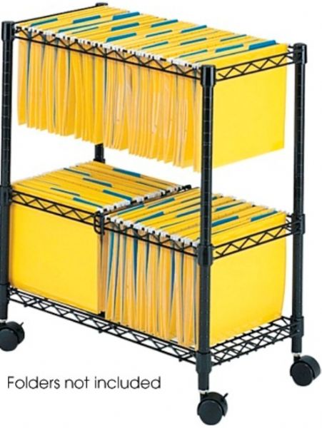 Safco 5278BL Two-Tier Rolling File Cart, Two full tiers of available filing space, Sturdy steel wire construction, Bottom shelf can be used for supplies storage, Rolls easily on four swivel casters, 25.75