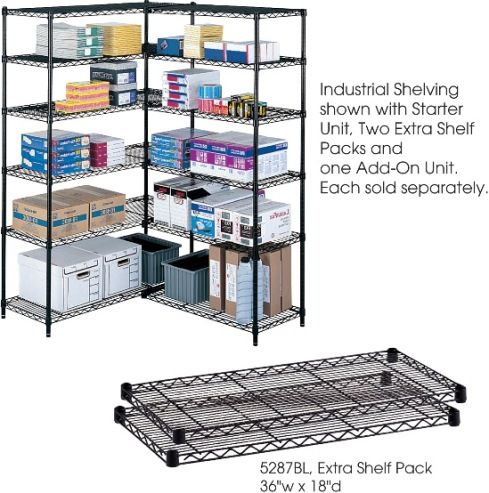 Safco 5287BL Industrial Wire Extra Shelves, Shelves adjust in 1'' increments and assemble in minutes without tools, 1250 lbs per shelf Load Capacity, 36'' W x 18'' D Overall, 1.5