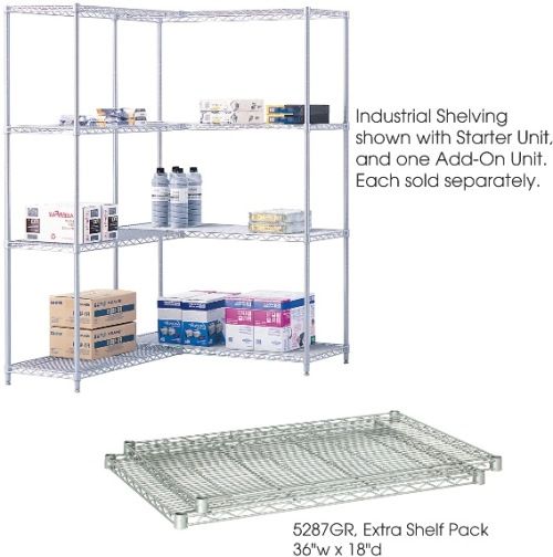 Safco 5287GR Industrial Wire Extra Shelves, Shelves adjust in 1'' increments and assemble in minutes without tools, 1250 lbs per shelf Load Capacity, 36'' W x 18'' D Overall, 1.5