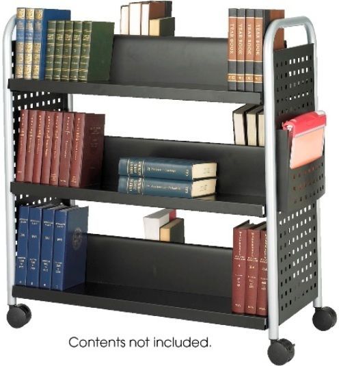 Safco 5335BL Scoot Double Sided 6 Shelf Book Cart, Steel Material, Four oversized casters Caster/glide/wheel, Flat Shelf Style, Double-sided cart has 6 slanted shelves, All steel cart, Durable black powder coat finish, 41.25