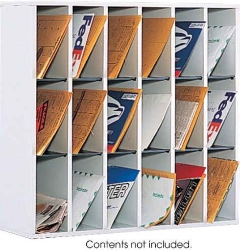 Safco 7765GR Compartment Mail Sorter with Label Holder, Large slots to accommodate over-sized envelopes, Stack up to two high to increase sorting capability, Solid fiberboard back provides stability for the unit, Black plastic molding is a label holder for identifying the bins, 7