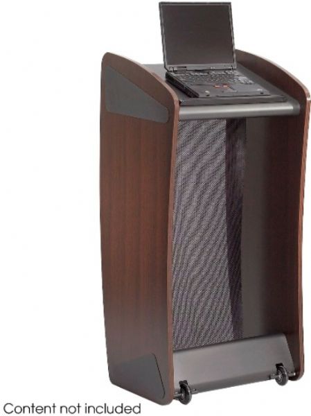 Safco 8913MH Ovation Lectern, Combines classic style with an innovate new look, Features a mesh modesty panel, Modesty panel can be removed and replaced with your own customized graphic or banner, Two casters on the back of the lectern for mobility, 46.75