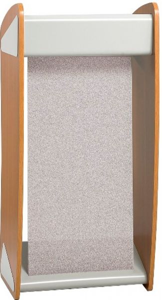 Safco 8913MO Ovation Lectern, Combines classic style with an innovate new look, Features a mesh modesty panel, Modesty panel can be removed and replaced with your own customized graphic or banner, Two casters on the back of the lectern for mobility, 46.75