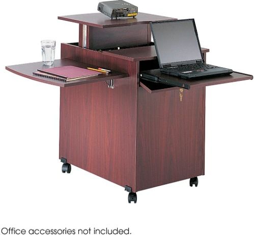 Safco 3444MH Mobile Computer/Projector Stand, Middle Shelf: 50 lb; Side Shelf: 25 lb; Laptop Shelf: 25 lb Capacity, Wood Materials, 4 Dual Wheel Hooded Casters - 2 locking Wheels, Mahogany Color, UPC 073555892529 (3444MH 3444-MH 3444 MH SAFCO3444MH SAFCO-3444MH SAFCO 3444MH)