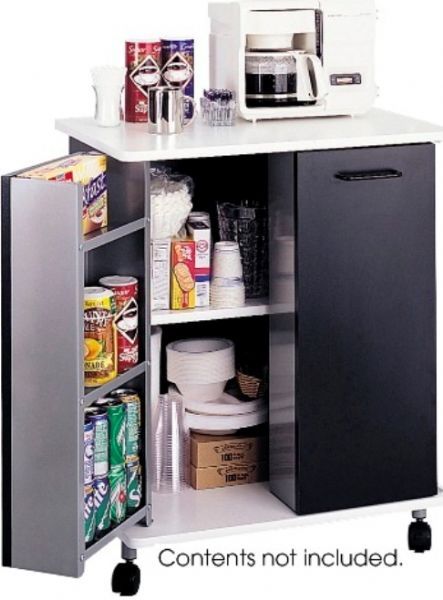 Safco 8963BL Refreshment Stand, Black laminate cabinet, Three built-in steel door shelves with lip to keep contents in place, Two interior shelves, Four swivel casters - 2 locking, White Shelf Finish, Wood Shelf Material, Black Wheel Finish, Nylon Wheel Material, Wood Door Material, Black Door Finish, Plastic Handle Material, 29.50