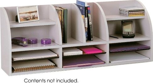 Safco 9411GR Radius Front Desk Top Organizer, 12 compartments of various sizes, 5/8'' compressed wood cabinetry with a laminate finish, Three adjustable hardboard shelves form up to six 12'' W x 9'' D x 2.50'' H letter size compartments, 15.25