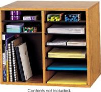 Safco 9420MO Wood Adjustable Literature Organizer, Rectangle Shape, 12 Total Number of Compartments, Shelves support 15 lbs. each, Formed of 1/2'' compressed wood with laminate finish and solid fiberboard back, Desktop Placement, Laminate Finishing, Literature Organization Application/Usage, Wood, Hardboard and Fiberboard Material, Oak Color, UPC 073555942002 (9420MO 9420-MO 9420 MO SAFCO9420MO SAFCO-9420MO SAFCO 9420MO) 