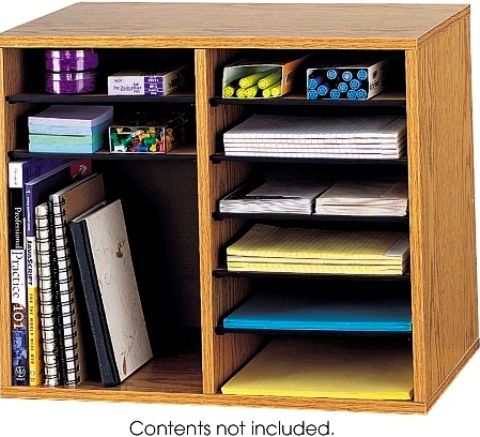 Safco 9420MO Wood Adjustable Literature Organizer, Rectangle Shape, 12 Total Number of Compartments, Shelves support 15 lbs. each, Formed of 1/2'' compressed wood with laminate finish and solid fiberboard back, Desktop Placement, Laminate Finishing, Literature Organization Application/Usage, Wood, Hardboard and Fiberboard Material, Oak Color, UPC 073555942002 (9420MO 9420-MO 9420 MO SAFCO9420MO SAFCO-9420MO SAFCO 9420MO)