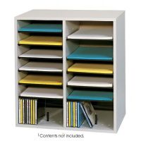 Safco 9422GR Compartments Adjustable Shelves Literature Organizer, 16 Total Number of Compartments, 2.50" Compartment Height, 9" Compartment Width, 11.50" Compartment Depth, 19.50" W x 11.75" D x 21" H, Can stores CD's on bottom shelf with plastic rod adapter, Black plastic molding complements finish, Gray Color, UPC 073555942231 (9422GR 9422-GR 9422 GR SAFCO9422GR SAFCO-9422GR SAFCO 9422GR) 
