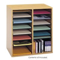 Safco 9422MO Compartments Adjustable Shelves Literature Organizer, 16 Total Number of Compartments, 2.50" Compartment Height, 9" Compartment Width, 11.50" Compartment Depth, 19.50" W x 11.75" D x 21" H, Can stores CD's on bottom shelf with plastic rod adapter, Black plastic molding complements finish, Oak Color, UPC 073555942200 (9422MO 9422-GR 9422 GR SAFCO9422MO SAFCO-9422MO SAFCO 9422MO) 