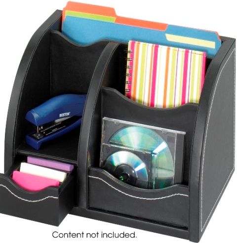Safco 9437BL Leather Look Multi Organizer, Multi-purpose organizer, Has the look and feel of leather, Able to withstand heavy use without wear, PU laminate construction, Durable PU laminate with stitched accents, Attractive leather look organizer to store your desktop accessories, 9.25