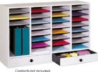 Safco 9494GR Wood Adjustable Literature Organizer, Hardboard shelves adjust in 2.50'' increments, 17.5''W x 10.5''D x 2.75''H Drawer, 15 lb. capacity per shelf compartment, 32 compartments and 2 drawers, 25.25" H x 39.38" W x 11.75" D Overall, Gray Finish, UPC 073555949438 (9494GR  9494-GR  9494 GR SAFCO9494GR SAFCO-9494GR SAFCO 9494GR) 