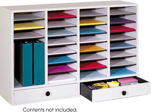Safco 9494GR Wood Adjustable Literature Organizer, Hardboard shelves adjust in 2.50'' increments, 17.5''W x 10.5''D x 2.75''H Drawer, 15 lb. capacity per shelf compartment, 32 compartments and 2 drawers, 25.25