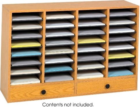 Safco 9494MO Wood Adjustable Literature Organizer, Hardboard shelves adjust in 2.50'' increments, 17.5''W x 10.5''D x 2.75''H Drawer, 15 lb. capacity per shelf compartment, 32 compartments and 2 drawers, 25.25