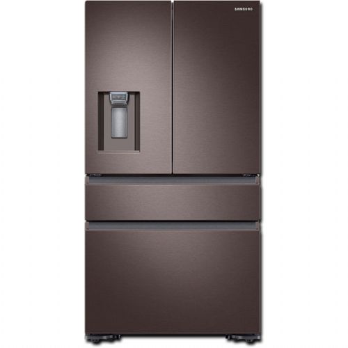 Samsung RF23M8070DT Freestanding Counter Depth 4 Door French Door Refrigerator with 22.7 cu. ft. Total Capacity, 4 Glass Shelves, 6.7 cu. ft. Freezer Capacity, External Water Dispenser, Crisper Drawer, Automatic Defrost, Ice Maker, Twin Cooling System, FlexZone Drawer, Adjustable Shelves, AutoFill Water Pitcher in Tuscan Stainless Steel, 36