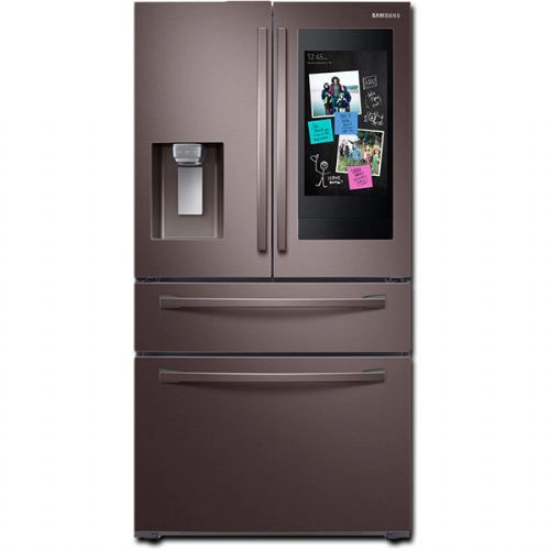 Samsung RF28R7551DT Smart Freestanding Counter Depth 4 Door French Door Refrigerator with 27.7 cu.ft. Total Capacity, Wi-Fi Enabled, 5 Glass Shelves, with Door Lock, External Water Dispenser, Crisper Drawer, Manual Defrost, Energy Star Certified, ADA Compliant, Ice Maker, ADA Compliant, Twin Cooling System, Family Hub, Wi-Fi and Bixby Enabled, FlexZone Drawer in Tuscan Stainless Steel, 36