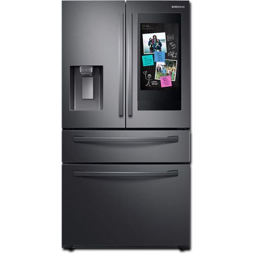 Samsung RF28R7551SG Smart Freestanding Counter Depth 4 Door French Door Refrigerator with 27.7 cu.ft. Total Capacity, Wi-Fi Enabled, 5 Glass Shelves, with Door Lock, External Water Dispenser, Crisper Drawer, Manual Defrost, Energy Star Certified, ADA Compliant, Ice Maker, ADA Compliant, Twin Cooling System, Family Hub, Wi-Fi and Bixby Enabled, FlexZone Drawer in Black Stainless Steel, 36