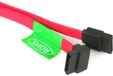 Startech.Com SATA24RA1 SATA to Right Angle SATA Serial ATA Cable, Red, 24 in (609.6 mm) Cable Length, Fast and easy way to connect Serial ATA/150 hard drives to a motherboard, Fast data transfer rate of up to 6 Gbps, Specially designed to improve system airflow and routability, UPC 065030805360 (SATA-24RA1 SATA 24RA1 SATA24-RA1 SATA24 RA1)