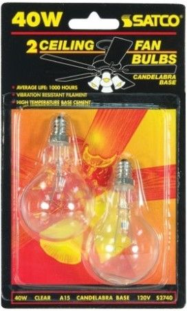 Satco S2740 Model 40A15/CL/E12 Incandescent Light Bulb, Clear Finish, 40 Watts, A15 Lamp Shape, Candelabra Base, E12 ANSI Base, 120 Voltage, 3.36'' MOL, 1.88'' MOD, C-9 Filament, 420 Initial Lumens, 1000 Average Rated Hours, General Service Incandescent, Household or Commercial use, Long Life, RoHS Compliant, UPC 045923027406 (SATCOS2740 SATCO-S2740 S-2740)