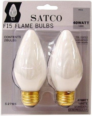 Satco S2768 Model 40F15/W Incandescent Light Bulb, White Finish, 40 Watts, F15 Lamp Shape, Medium Base, E26 ANSI Base, 120 Voltage, 4 1/2'' MOL, 1.88'' MOD, CC-9 Filament, 320 Initial Lumens, 1500 Average Rated Hours, Decorative incandescent, Long Life, Brass Base, RoHS Compliant, UPC 045923027680 (SATCOS2768 SATCO-S2768 S-2768)