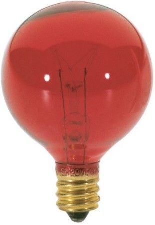 Satco S3833 Model 10G12 1/2/R Incandescent Light Bulb, Transparent Red Finish, 10 Watts, G12 Lamp Shape, Candelabra Base, E12 ANSI Base, 120 Voltage, 2 3/8'' MOL, 1.56'' MOD, C-7A Filament, 1500 Average Rated Hours, Long Life, Brass Base, RoHS Compliant, UPC 045923038334 (SATCOS3833 SATCO-S3833 S-3833)